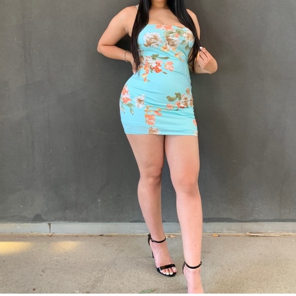 Floral Strapless Mini Dress - Blue - Picture 1 of 1